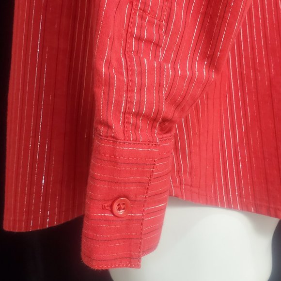 Red with Silver/BLK.Vertical Stripes Fashion Bug Woman's Button Up Blouse SZ. 1X - Picture 8 of 10